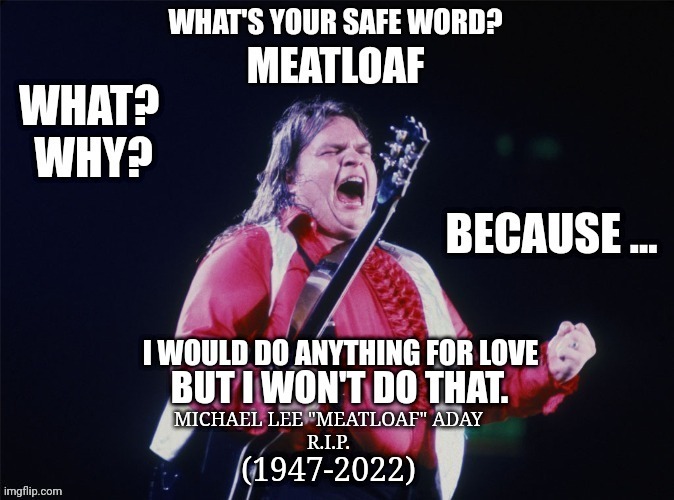 Meatloaf RIP |  MICHAEL LEE "MEATLOAF" ADAY
R.I.P. (1947-2022) | image tagged in meatloaf,rip,rest in peace,safe word | made w/ Imgflip meme maker