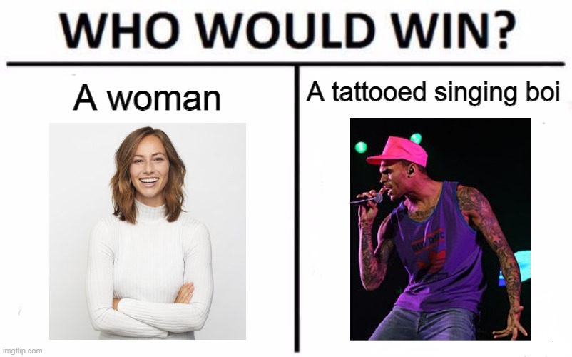 Who Would Win? | A woman; A tattooed singing boi | image tagged in memes,who would win,chris brown,woman | made w/ Imgflip meme maker