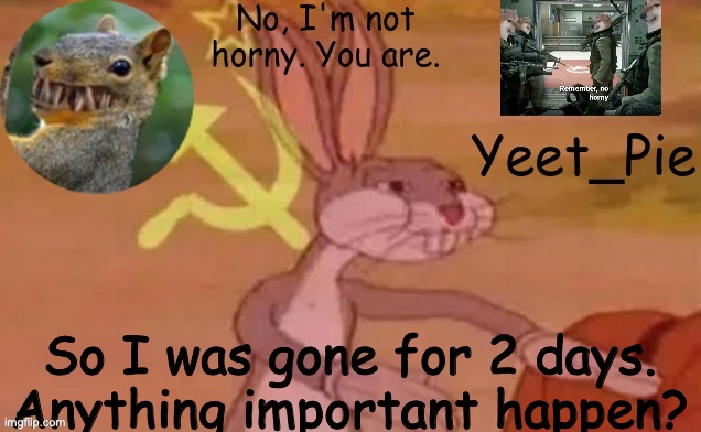 Yeet_Pie | So I was gone for 2 days. Anything important happen? | image tagged in yeet_pie | made w/ Imgflip meme maker