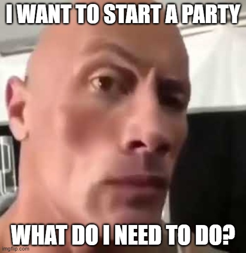 Plz me noob |  I WANT TO START A PARTY; WHAT DO I NEED TO DO? | image tagged in the rock eyebrows | made w/ Imgflip meme maker