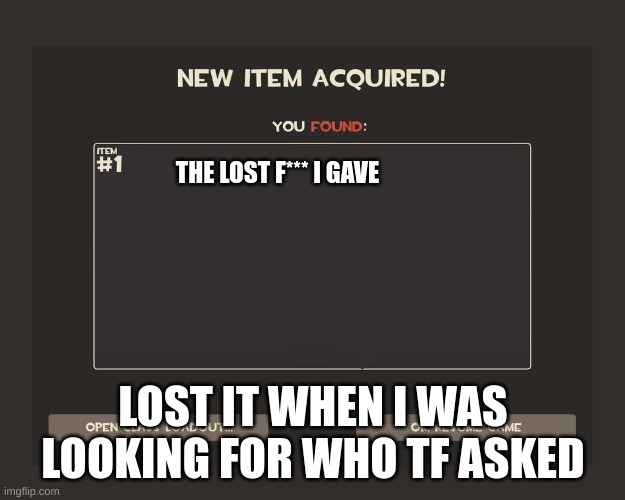 The last F*** | THE LOST F*** I GAVE; LOST IT WHEN I WAS LOOKING FOR WHO TF ASKED | image tagged in you got tf2 shit | made w/ Imgflip meme maker