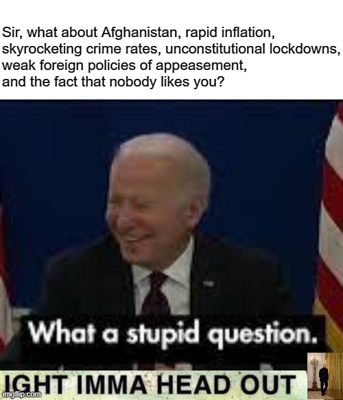 What a stupid response. | Sir, what about Afghanistan, rapid inflation,
skyrocketing crime rates, unconstitutional lockdowns,
weak foreign policies of appeasement,
and the fact that nobody likes you? | image tagged in lets go brandon,out of touch,dementia,corruption,ukraine,taiwan | made w/ Imgflip meme maker