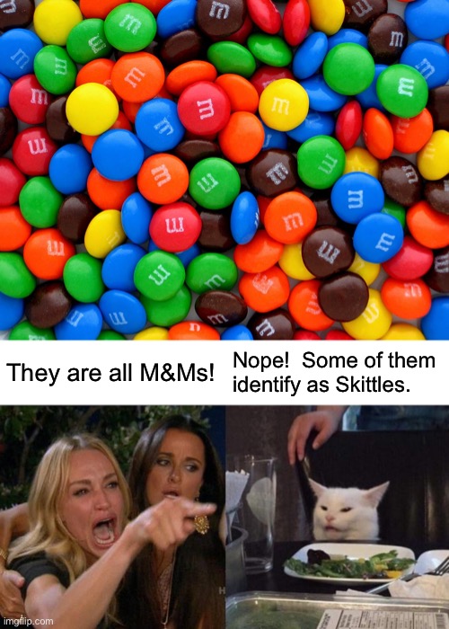 Woke M&Ms. | They are all M&Ms! Nope!  Some of them identify as Skittles. | image tagged in memes,woman yelling at cat | made w/ Imgflip meme maker