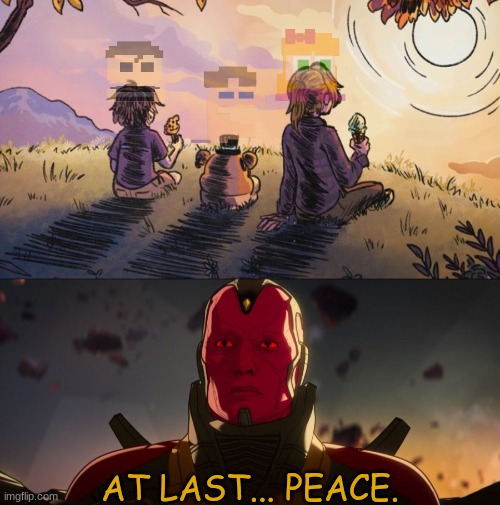 AT LAST... PEACE. | image tagged in video games,fnaf,vision,ultron,avengers age of ultron,what if | made w/ Imgflip meme maker