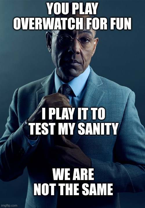 Gus Fring we are not the same | YOU PLAY OVERWATCH FOR FUN; I PLAY IT TO TEST MY SANITY; WE ARE NOT THE SAME | image tagged in gus fring we are not the same | made w/ Imgflip meme maker
