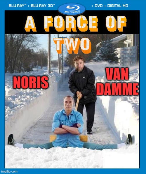 THE SNOW DOESNT STAND A CHANCE | VAN DAMME; NORIS | image tagged in chuck norris,van damme,winter,dvd,movies | made w/ Imgflip meme maker
