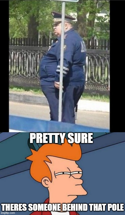 IF YOU LOOK CLOSLY, YOU CAN SEE HIM |  PRETTY SURE; THERES SOMEONE BEHIND THAT POLE | image tagged in memes,futurama fry,stupid humor | made w/ Imgflip meme maker