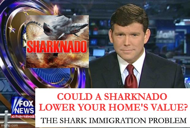 news anchor | THE SHARK IMMIGRATION PROBLEM COULD A SHARKNADO 
LOWER YOUR HOME'S VALUE? | image tagged in news anchor | made w/ Imgflip meme maker