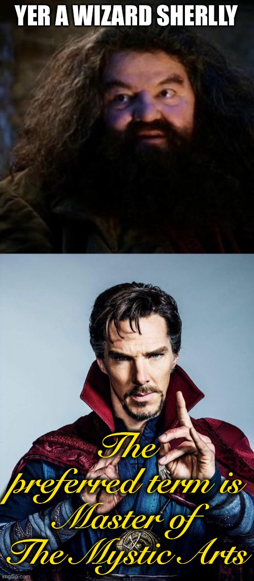 YER A WIZARD SHERLLY; The preferred term is Master of The Mystic Arts | image tagged in you're a wizard harry,doctor strange,sherlock holmes,benedict cumberbatch,harry potter,wizard | made w/ Imgflip meme maker