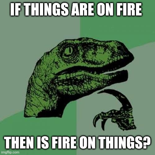 Philosoraptor Meme | IF THINGS ARE ON FIRE; THEN IS FIRE ON THINGS? | image tagged in memes,philosoraptor | made w/ Imgflip meme maker