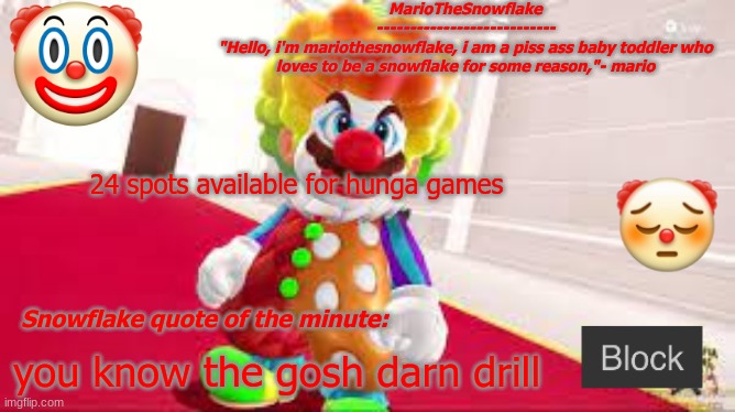 MarioTheMemer Announcement Temp | 24 spots available for hunga games; you know the gosh darn drill | image tagged in mariothememer announcement temp | made w/ Imgflip meme maker