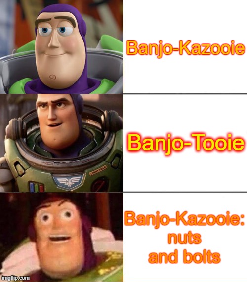 banjo kazooie nuts and bolts was the downfall for bk | Banjo-Kazooie; Banjo-Tooie; Banjo-Kazooie:
nuts and bolts | image tagged in better best blurst lightyear edition | made w/ Imgflip meme maker