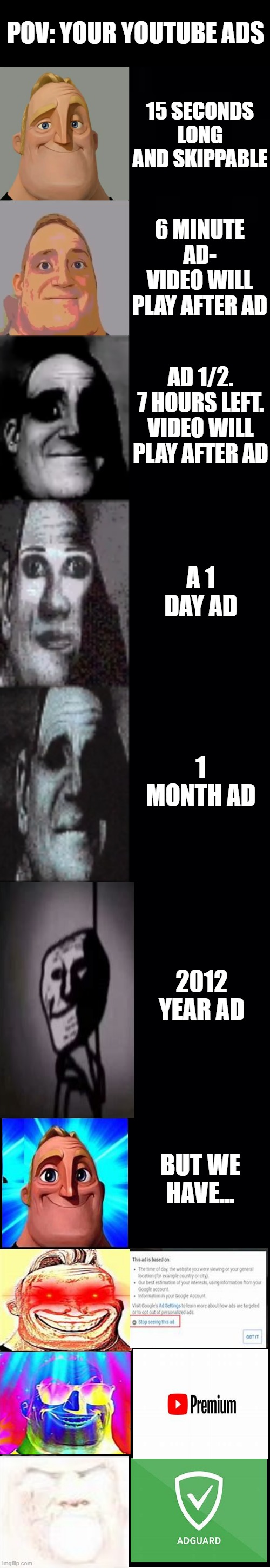 Is this relatable? | POV: YOUR YOUTUBE ADS; 15 SECONDS LONG AND SKIPPABLE; 6 MINUTE AD- VIDEO WILL PLAY AFTER AD; AD 1/2. 7 HOURS LEFT. VIDEO WILL PLAY AFTER AD; A 1 DAY AD; 1 MONTH AD; 2012 YEAR AD; BUT WE HAVE... | image tagged in mr incredible becoming uncanny | made w/ Imgflip meme maker