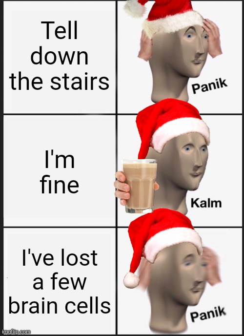 Fell down the stairs | Tell down the stairs; I'm fine; I've lost a few brain cells | image tagged in memes,panik kalm panik | made w/ Imgflip meme maker