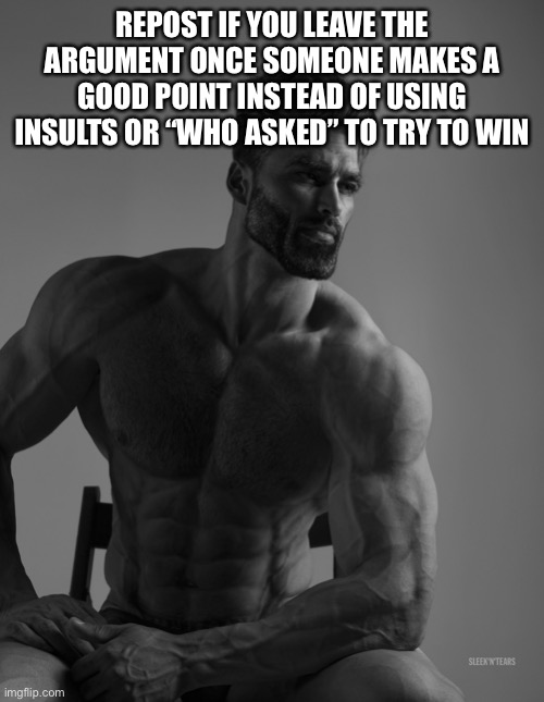 I have had two arguments like this | REPOST IF YOU LEAVE THE ARGUMENT ONCE SOMEONE MAKES A GOOD POINT INSTEAD OF USING INSULTS OR “WHO ASKED” TO TRY TO WIN | image tagged in giga chad | made w/ Imgflip meme maker