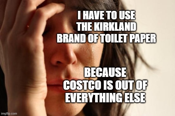 First World Problems | I HAVE TO USE THE KIRKLAND BRAND OF TOILET PAPER; BECAUSE COSTCO IS OUT OF EVERYTHING ELSE | image tagged in memes,first world problems | made w/ Imgflip meme maker