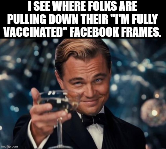 Leonardo Dicaprio Cheers | I SEE WHERE FOLKS ARE PULLING DOWN THEIR "I'M FULLY VACCINATED" FACEBOOK FRAMES. | image tagged in memes,leonardo dicaprio cheers | made w/ Imgflip meme maker