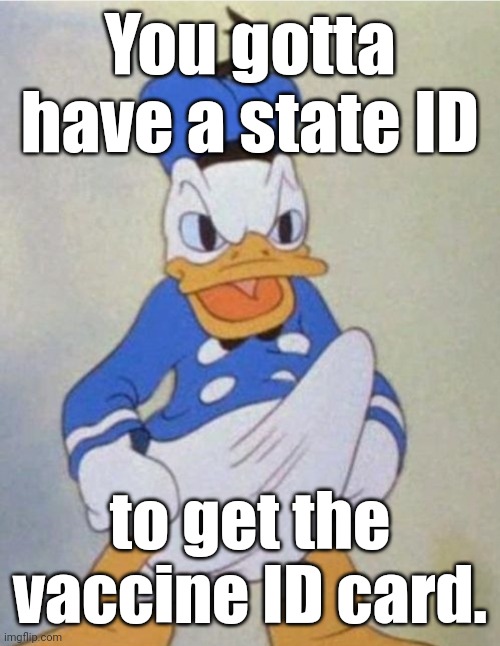 Donald Dick | You gotta have a state ID to get the vaccine ID card. | image tagged in donald dick | made w/ Imgflip meme maker