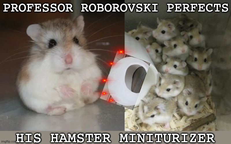 Hamster science |  PROFESSOR ROBOROVSKI PERFECTS; HIS HAMSTER MINITURIZER | image tagged in hamster,mad scientist,science | made w/ Imgflip meme maker