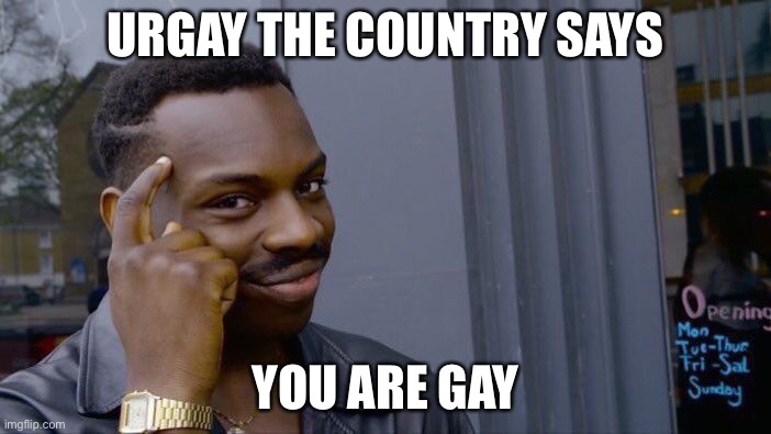 Urgay | URGAY THE COUNTRY SAYS; YOU ARE GAY | image tagged in memes,roll safe think about it | made w/ Imgflip meme maker