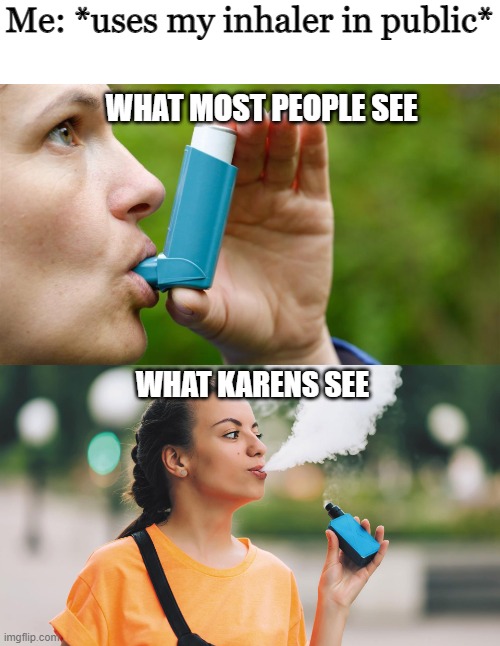 Inhaler |  Me: *uses my inhaler in public*; WHAT MOST PEOPLE SEE; WHAT KARENS SEE | image tagged in karen,karen the manager will see you now,vaping,vape | made w/ Imgflip meme maker