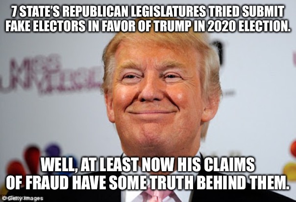 Donald trump approves | 7 STATE’S REPUBLICAN LEGISLATURES TRIED SUBMIT FAKE ELECTORS IN FAVOR OF TRUMP IN 2020 ELECTION. WELL, AT LEAST NOW HIS CLAIMS OF FRAUD HAVE SOME TRUTH BEHIND THEM. | image tagged in donald trump approves | made w/ Imgflip meme maker