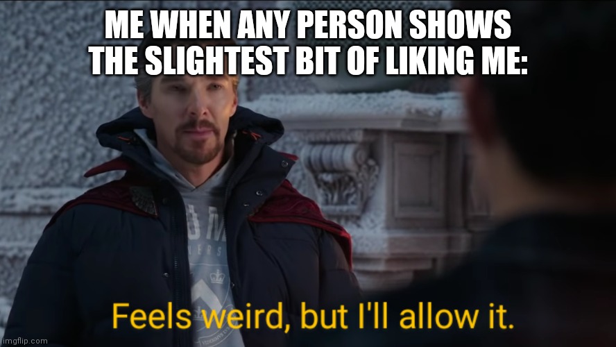 Feels Weird, but I'll Allow It. | ME WHEN ANY PERSON SHOWS THE SLIGHTEST BIT OF LIKING ME: | image tagged in feels weird but i'll allow it | made w/ Imgflip meme maker