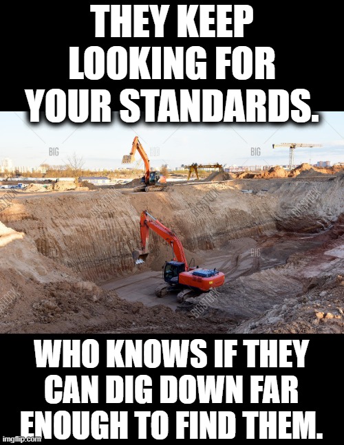 THEY KEEP LOOKING FOR YOUR STANDARDS. WHO KNOWS IF THEY CAN DIG DOWN FAR ENOUGH TO FIND THEM. | made w/ Imgflip meme maker