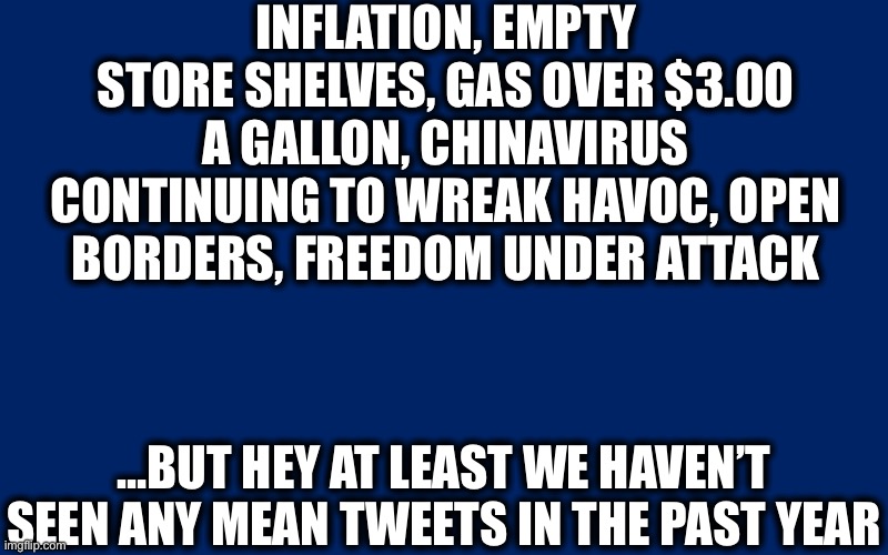 Yeah, isn’t it great!! | INFLATION, EMPTY STORE SHELVES, GAS OVER $3.00 A GALLON, CHINAVIRUS CONTINUING TO WREAK HAVOC, OPEN BORDERS, FREEDOM UNDER ATTACK; …BUT HEY AT LEAST WE HAVEN’T SEEN ANY MEAN TWEETS IN THE PAST YEAR | image tagged in joe biden,liberal logic,inflation,gasoline,memes,economy | made w/ Imgflip meme maker