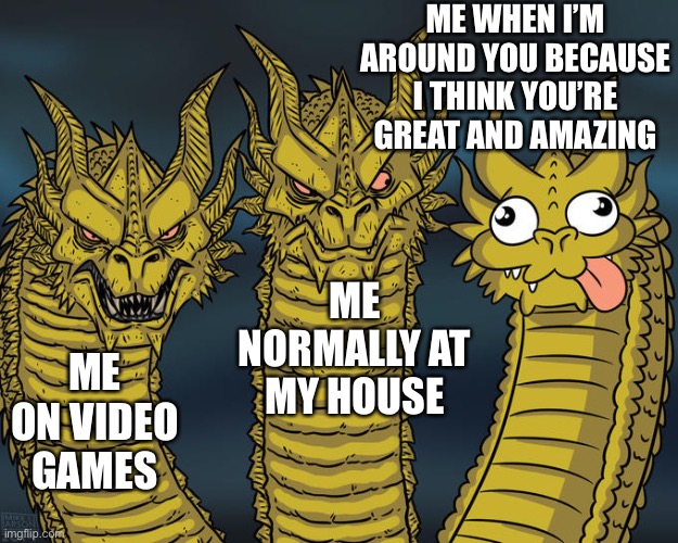 :P | ME WHEN I’M AROUND YOU BECAUSE I THINK YOU’RE GREAT AND AMAZING; ME NORMALLY AT MY HOUSE; ME ON VIDEO GAMES | image tagged in three-headed dragon,wholesome | made w/ Imgflip meme maker