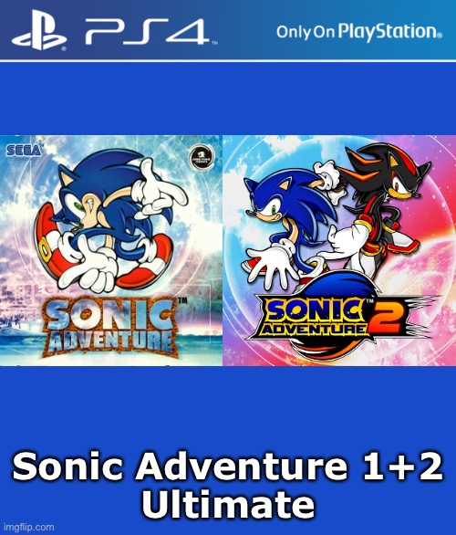 And Sega won’t do it because the games aren’t well received by critics… | Sonic Adventure 1+2
Ultimate | image tagged in ps4 case,sonic the hedgehog,fake games,stop reading the tags | made w/ Imgflip meme maker
