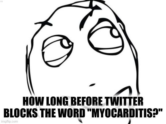borrowed from ZeroHedge | HOW LONG BEFORE TWITTER BLOCKS THE WORD "MYOCARDITIS?" | image tagged in memes,question rage face | made w/ Imgflip meme maker