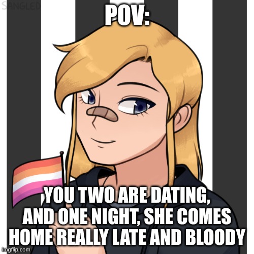 no ERP or joke OC's. but other than that, enjoy! | POV:; YOU TWO ARE DATING, AND ONE NIGHT, SHE COMES HOME REALLY LATE AND BLOODY | made w/ Imgflip meme maker