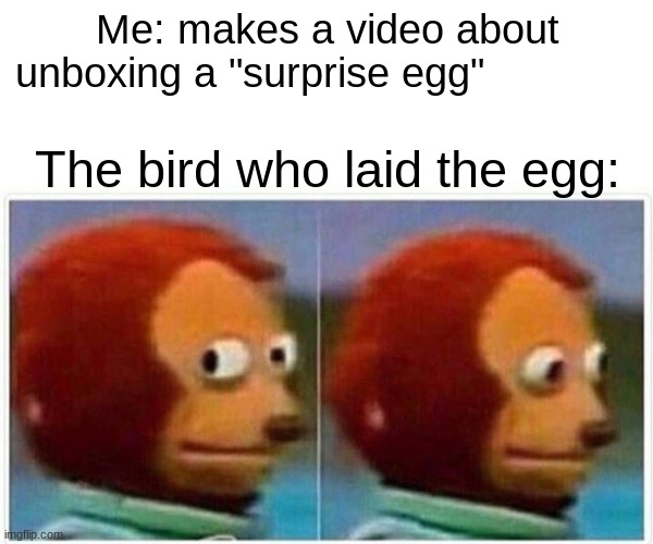 Monkey Puppet Meme | Me: makes a video about unboxing a "surprise egg"; The bird who laid the egg: | image tagged in memes,monkey puppet | made w/ Imgflip meme maker