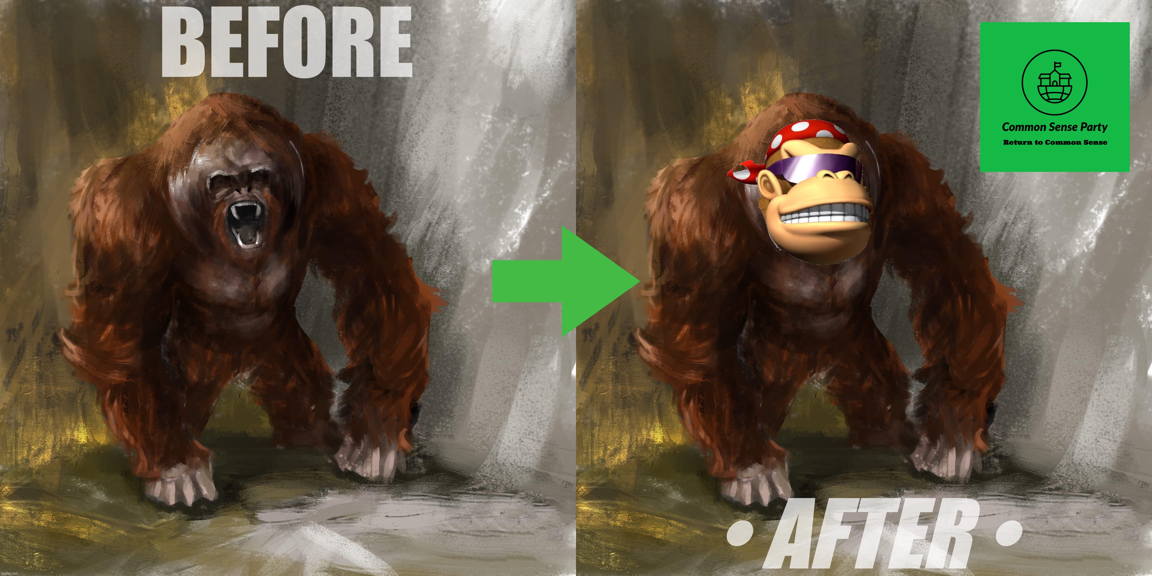 Field studies have shown that a massive dose of Common Sense may sedate your Gigantopithecus or other monkee. Order now! | BEFORE; • AFTER • | image tagged in gigantopithecus,common,sense,out,for,monkee | made w/ Imgflip meme maker