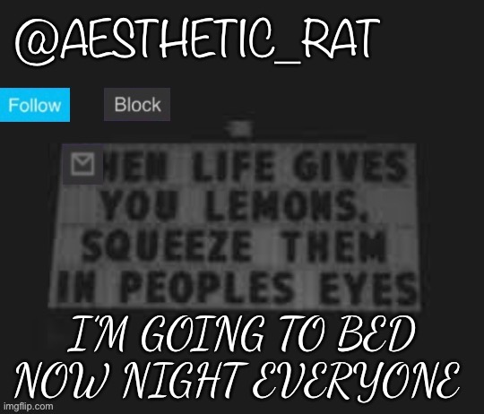 Aesthetic_Rat | I’M GOING TO BED NOW NIGHT EVERYONE | image tagged in aesthetic_rat | made w/ Imgflip meme maker