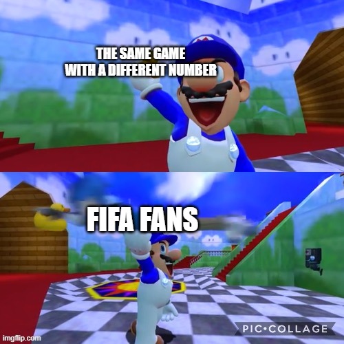 haha i cant think of a title! | THE SAME GAME WITH A DIFFERENT NUMBER; FIFA FANS | image tagged in smg4 holding up a duck,fifa | made w/ Imgflip meme maker