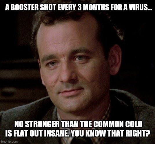 If you don't know that then you are insane. | A BOOSTER SHOT EVERY 3 MONTHS FOR A VIRUS... NO STRONGER THAN THE COMMON COLD IS FLAT OUT INSANE. YOU KNOW THAT RIGHT? | image tagged in memes | made w/ Imgflip meme maker