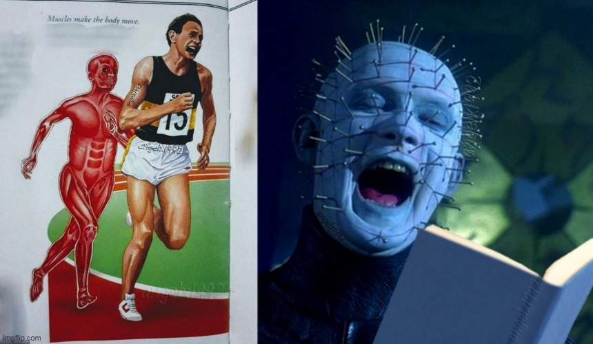 image tagged in muscles make the body move,hellraiser,pinhead,books,horror movie,reading | made w/ Imgflip meme maker