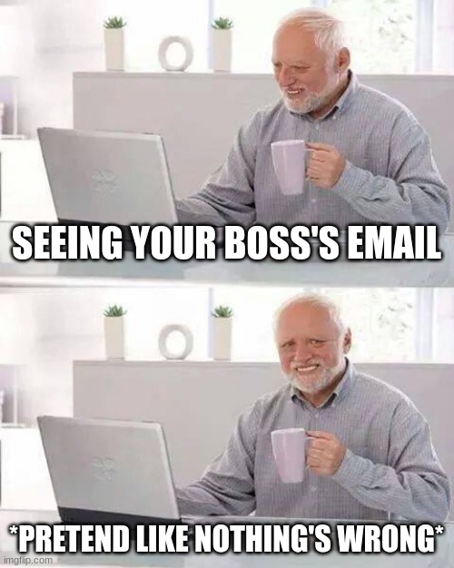 I'm busted now | SEEING YOUR BOSS'S EMAIL; *PRETEND LIKE NOTHING'S WRONG* | image tagged in memes,hide the pain harold | made w/ Imgflip meme maker