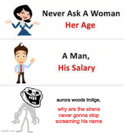 Never ask a woman her age | aurora woods trollge, why are the sirens never gonna stop screaming his name | image tagged in never ask a woman her age,aurora,woods,aurora woods,trollge,trollface | made w/ Imgflip meme maker