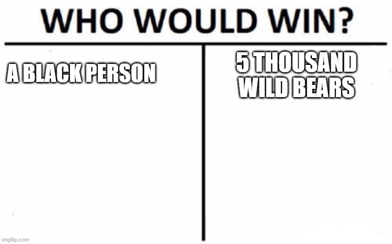 Who Would Win? | A BLACK PERSON; 5 THOUSAND WILD BEARS | image tagged in memes,who would win | made w/ Imgflip meme maker