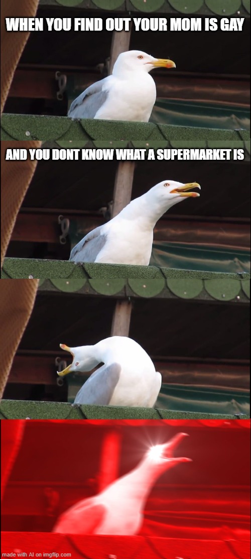 Inhaling Seagull | WHEN YOU FIND OUT YOUR MOM IS GAY; AND YOU DONT KNOW WHAT A SUPERMARKET IS | image tagged in memes,inhaling seagull | made w/ Imgflip meme maker