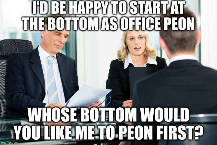 Just make sure to keep the water cooler topped off and I promise I'll never stop gushing about my job | I'D BE HAPPY TO START AT
THE BOTTOM AS OFFICE PEON; WHOSE BOTTOM WOULD YOU LIKE ME TO PEON FIRST? | image tagged in job interview | made w/ Imgflip meme maker