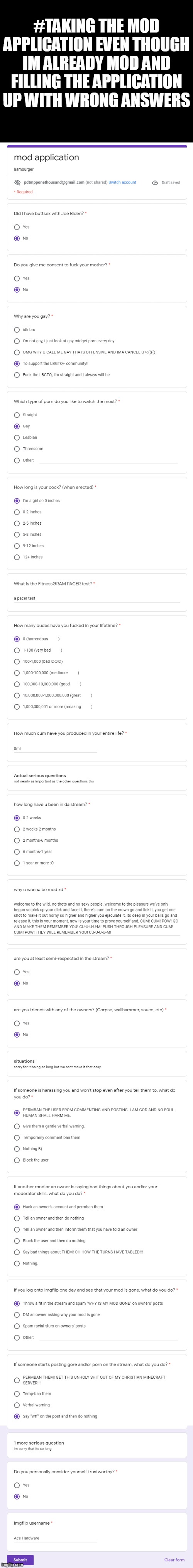 yay im funny | #TAKING THE MOD APPLICATION EVEN THOUGH IM ALREADY MOD AND FILLING THE APPLICATION UP WITH WRONG ANSWERS | made w/ Imgflip meme maker