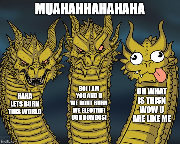 Three-headed Dragon | MUAHAHHAHAHAHA; BOI I AM YOU AND U WE DONT BURN WE ELECTRIFI UGH DUMBOS! OH WHAT IS THISN WOW U ARE LIKE ME; HAHA LETS BURN THIS WORLD | image tagged in three-headed dragon | made w/ Imgflip meme maker