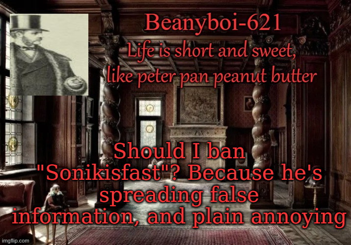 I doubt I should | Should I ban "Sonikisfast"? Because he's spreading false information, and plain annoying | image tagged in victorian beany | made w/ Imgflip meme maker