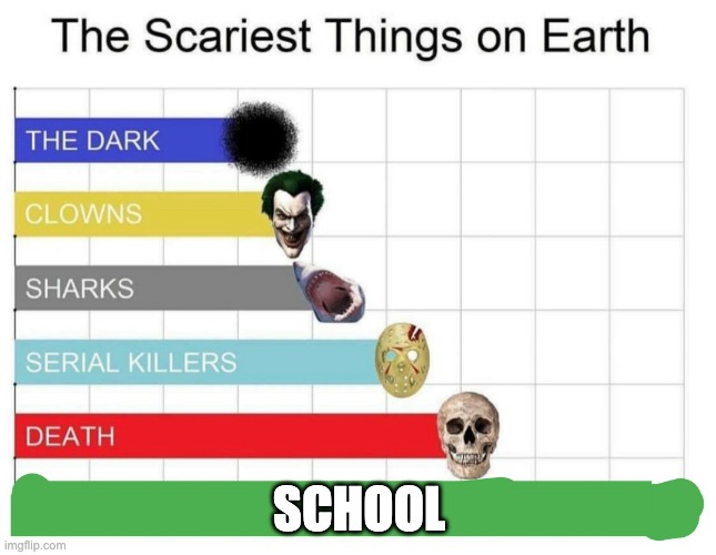 school is scary | SCHOOL | image tagged in scariest things on earth,meme | made w/ Imgflip meme maker