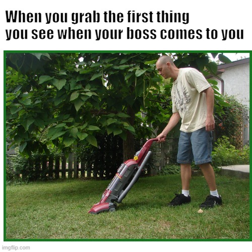 *Creative Title 2* | When you grab the first thing you see when your boss comes to you | image tagged in funny,memes,boss,vacuum cleaner,grass | made w/ Imgflip meme maker