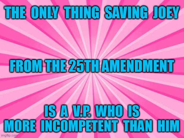 Pink Blank Background | THE  ONLY  THING  SAVING  JOEY; FROM THE 25TH AMENDMENT; IS  A  V.P.  WHO  IS MORE  INCOMPETENT  THAN  HIM | image tagged in pink blank background | made w/ Imgflip meme maker